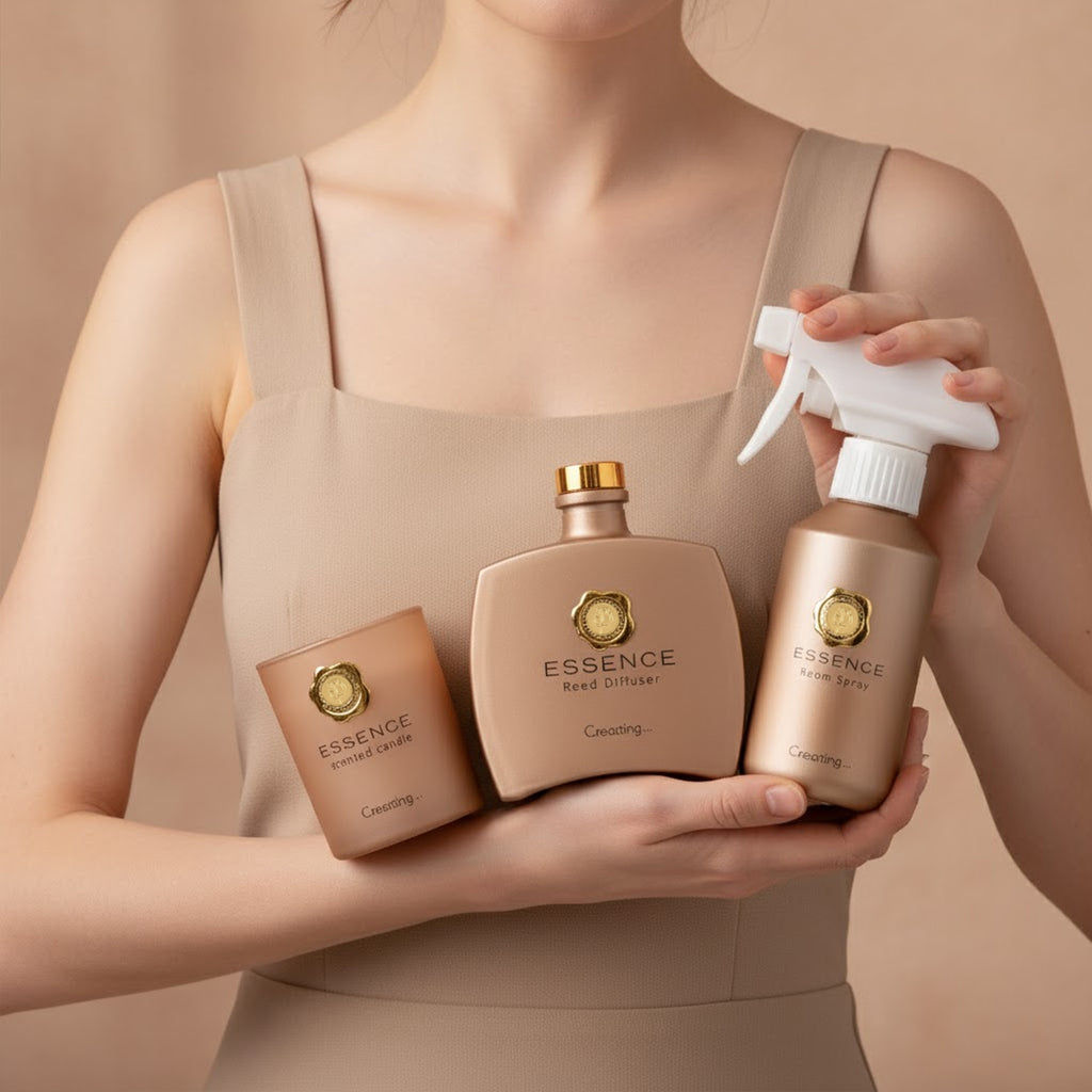 Kerzenset mit Duftstäbchen und Raumspray, Gold, 5 % Parfümanteil, Raumspray 100 ml, Duftkerze im weißen Glas mit 100 g Paraffinwachs, Duftnote: Champagner