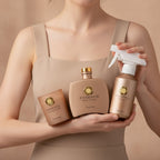 Kerzenset mit Duftstäbchen und Raumspray, Gold, 5 % Parfümanteil, Raumspray 100 ml, Duftkerze im weißen Glas mit 100 g Paraffinwachs, Duftnote: Champagner