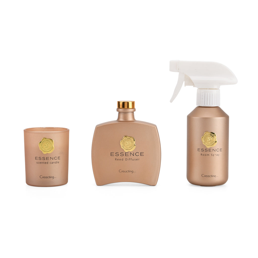 Kerzenset mit Duftstäbchen und Raumspray, Gold, 5 % Parfümanteil, Raumspray 100 ml, Duftkerze im weißen Glas mit 100 g Paraffinwachs, Duftnote: Champagner