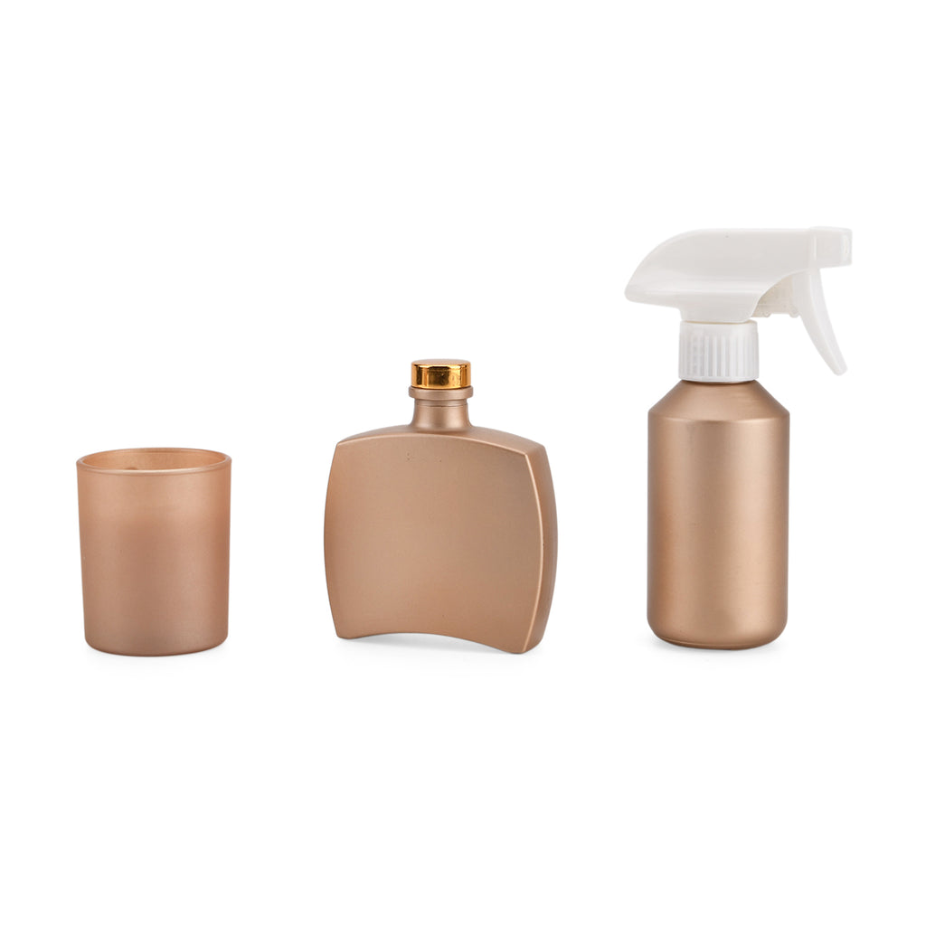 Kerzenset mit Duftstäbchen und Raumspray, Gold, 5 % Parfümanteil, Raumspray 100 ml, Duftkerze im weißen Glas mit 100 g Paraffinwachs, Duftnote: Champagner