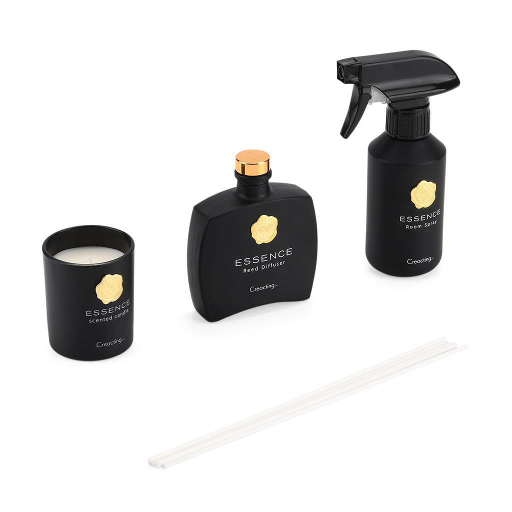 Kerzenset mit Duftstäbchen und Raumspray, Schwarz, 5 % Parfümanteil, Raumspray 100 ml, Duftkerze im Glas mit 100 g Paraffinwachs, Duftnote: English Pear & Freesia