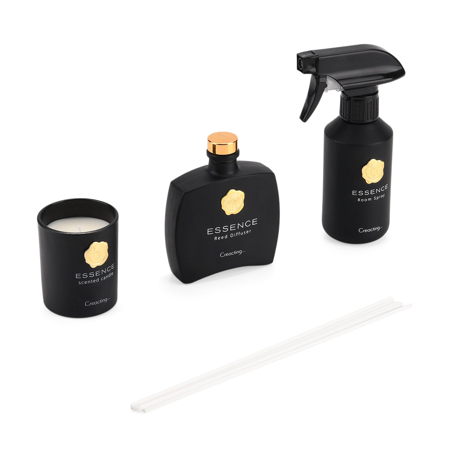 Kerzenset mit Duftstäbchen und Raumspray, Schwarz, 5 % Parfümanteil, Raumspray 100 ml, Duftkerze im Glas mit 100 g Paraffinwachs, Duftnote: English Pear & Freesia