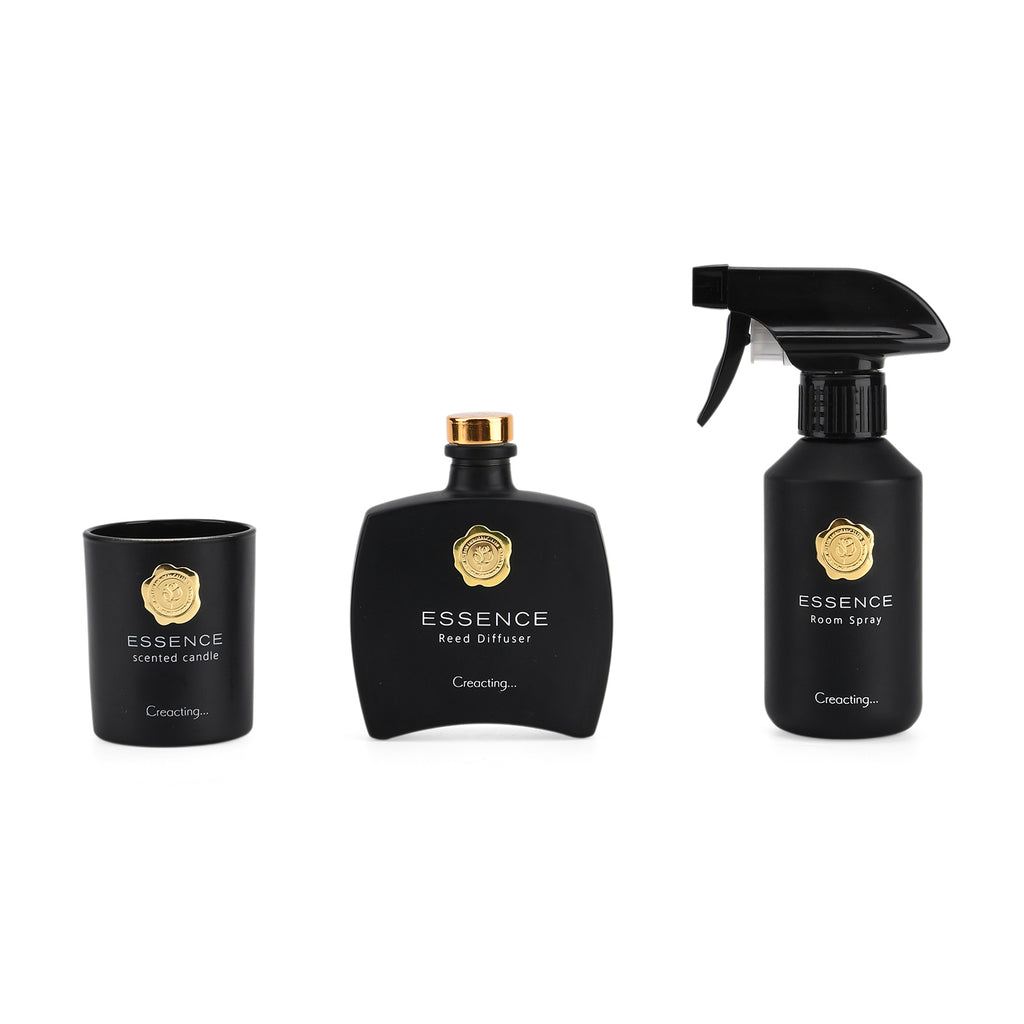 Kerzenset mit Duftstäbchen und Raumspray, Schwarz, 5 % Parfümanteil, Raumspray 100 ml, Duftkerze im Glas mit 100 g Paraffinwachs, Duftnote: English Pear & Freesia