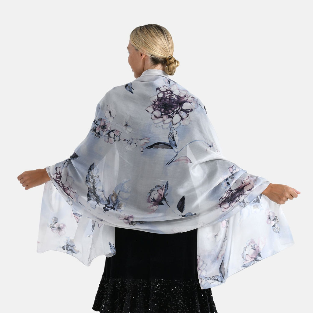 LA MAREY Signature Seidenschal aus 100% Maulbeerseide, 110 x 195 cm, Blau Grau Floral