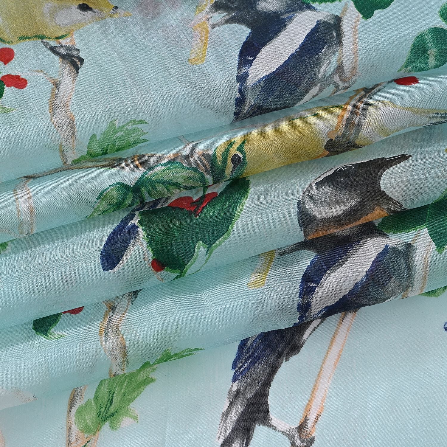 LA MAREY Signature Seidenschal aus 100% Maulbeerseide, 110 x 195 cm, Pastellblau Vogelmotiv