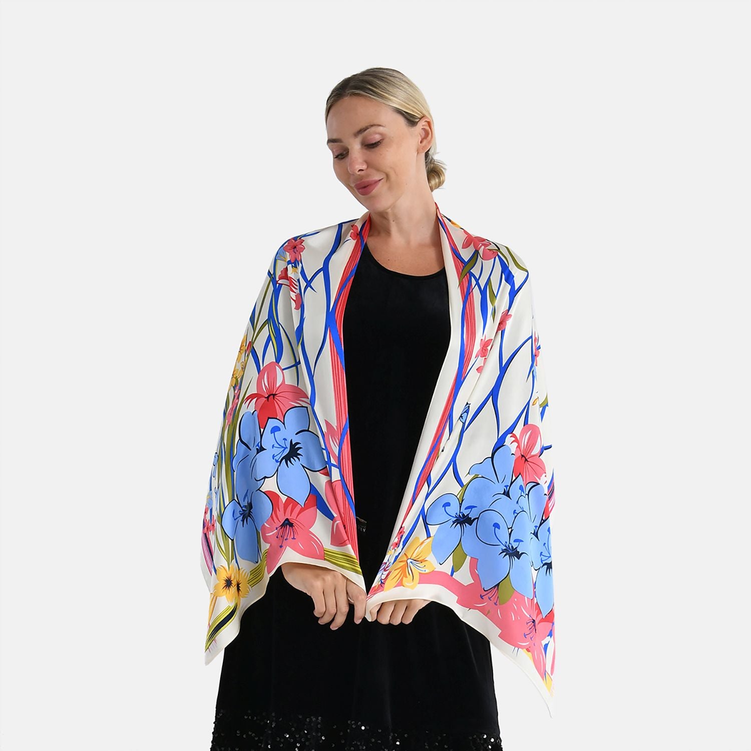 LA MAREY Signature Seidenschal aus 100% Maulbeerseide, 55 x 170 cm, Creme mit Multicolor-Print