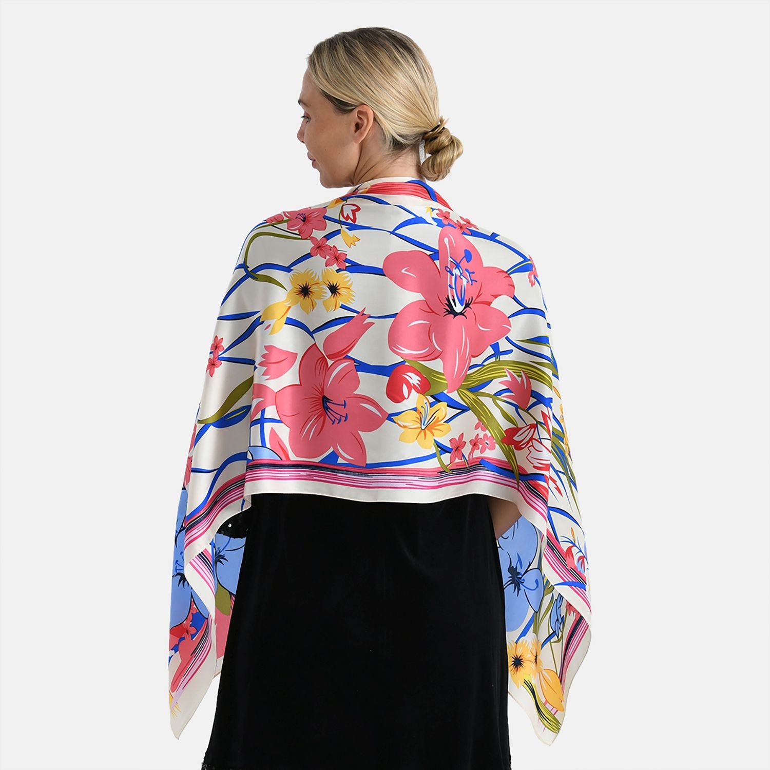 LA MAREY Signature Seidenschal aus 100% Maulbeerseide, 55 x 170 cm, Creme mit Multicolor-Print