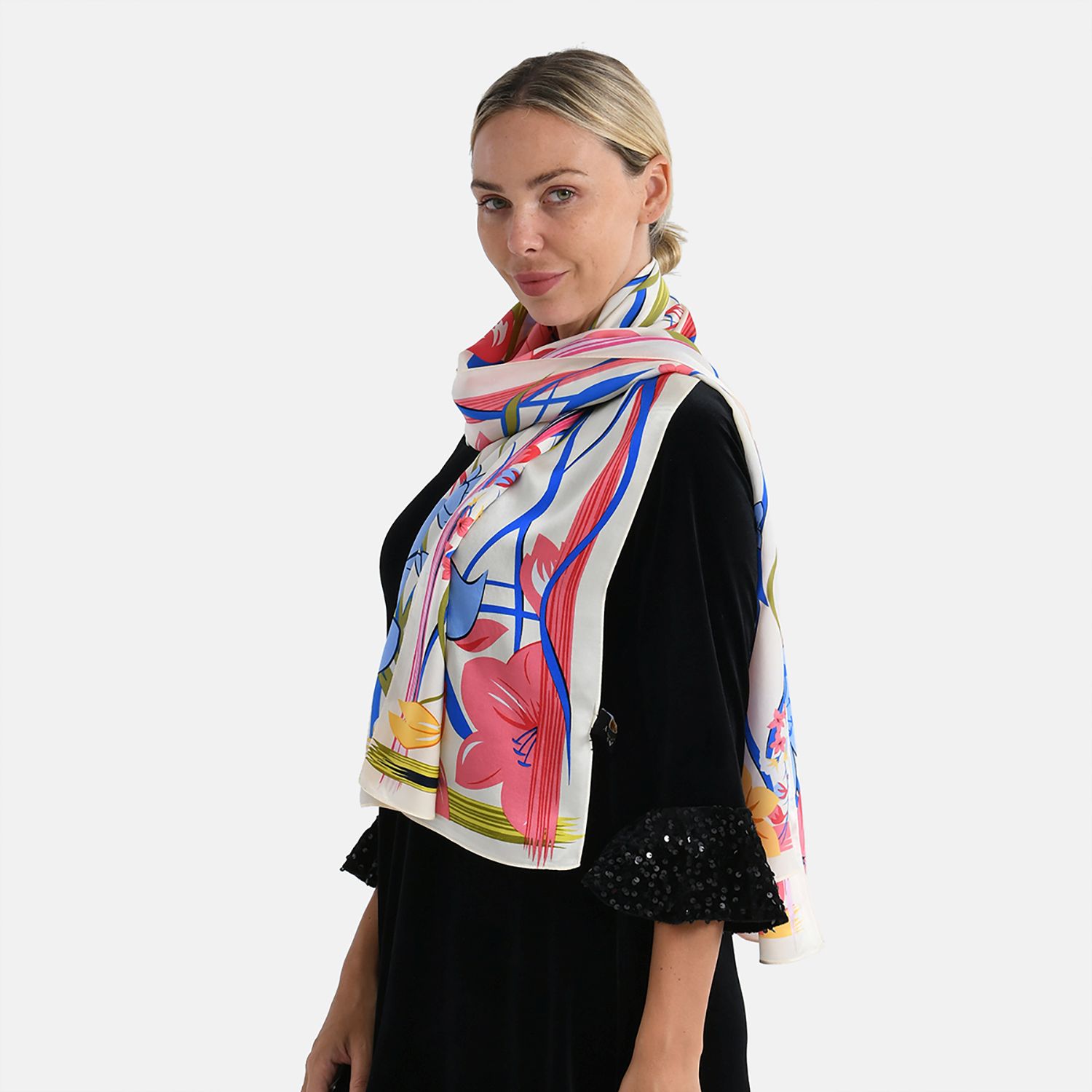 LA MAREY Signature Seidenschal aus 100% Maulbeerseide, 55 x 170 cm, Creme mit Multicolor-Print
