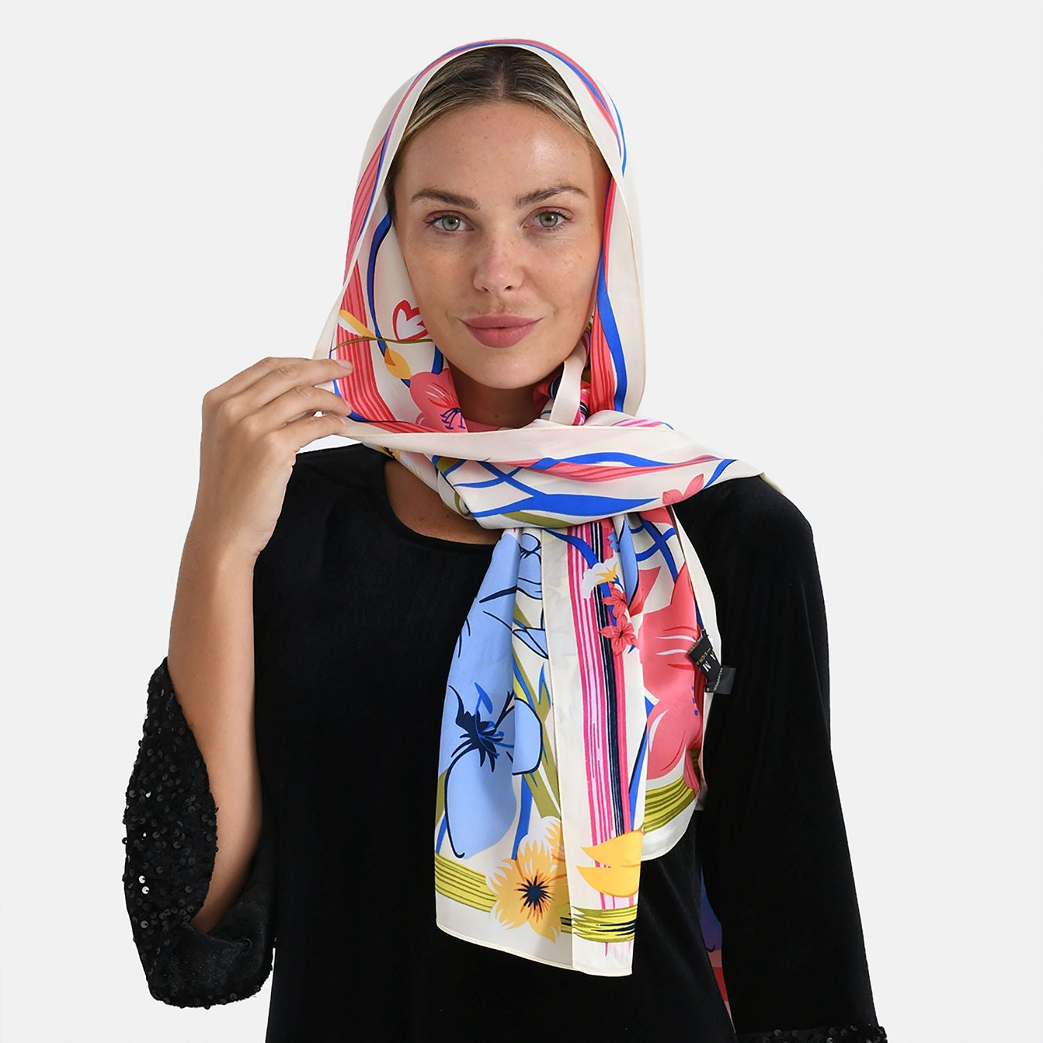 LA MAREY Signature Seidenschal aus 100% Maulbeerseide, 55 x 170 cm, Creme mit Multicolor-Print