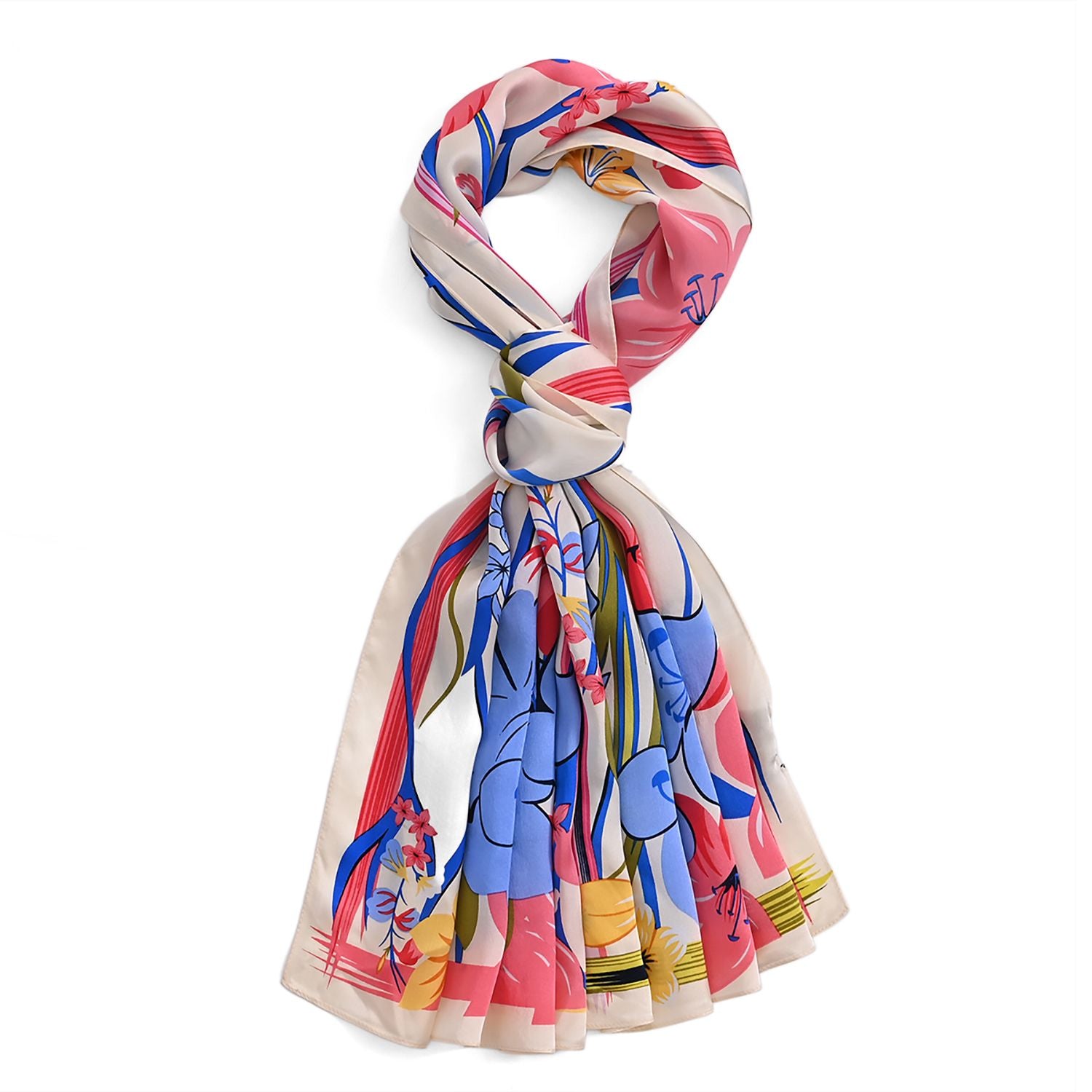 LA MAREY Signature Seidenschal aus 100% Maulbeerseide, 55 x 170 cm, Creme mit Multicolor-Print