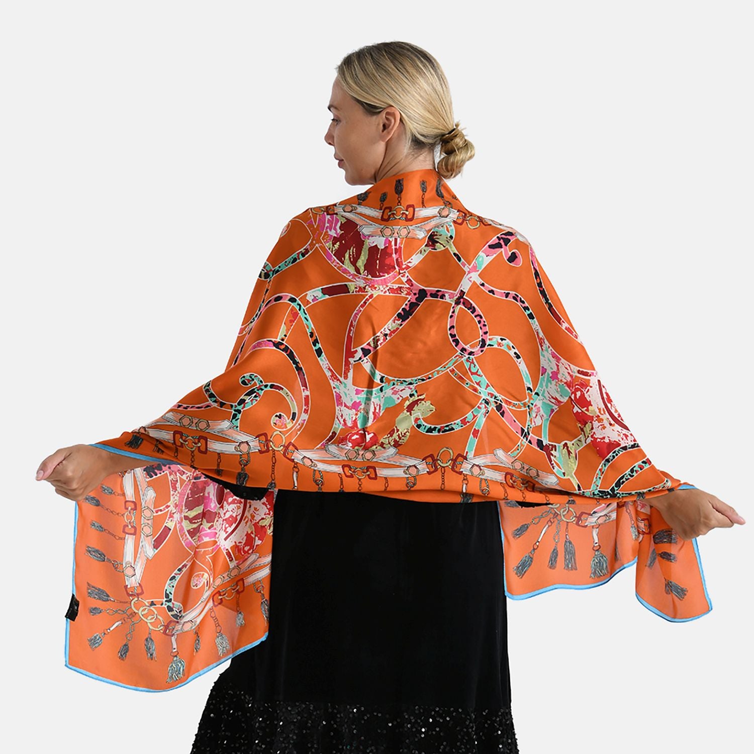 LA MAREY Signature Seidenschal aus 100% Maulbeerseide, 55 x 170 cm, Orange Floral