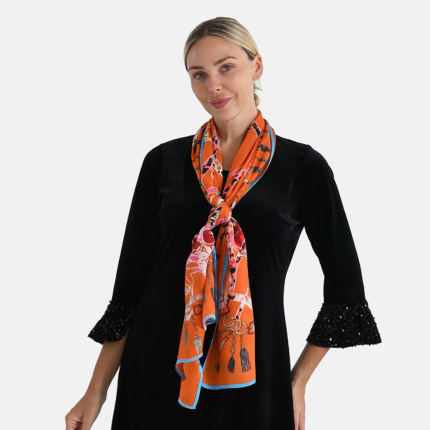 LA MAREY Signature Seidenschal aus 100% Maulbeerseide, 55 x 170 cm, Orange Floral