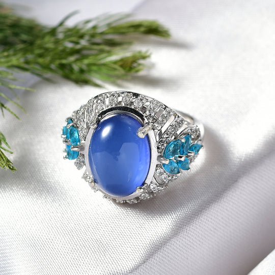D'Joy Aurora Mondstein, Neon Apatit Ring 925 Silber rhodiniert (Größe 21.00) ca. 7,97 ct