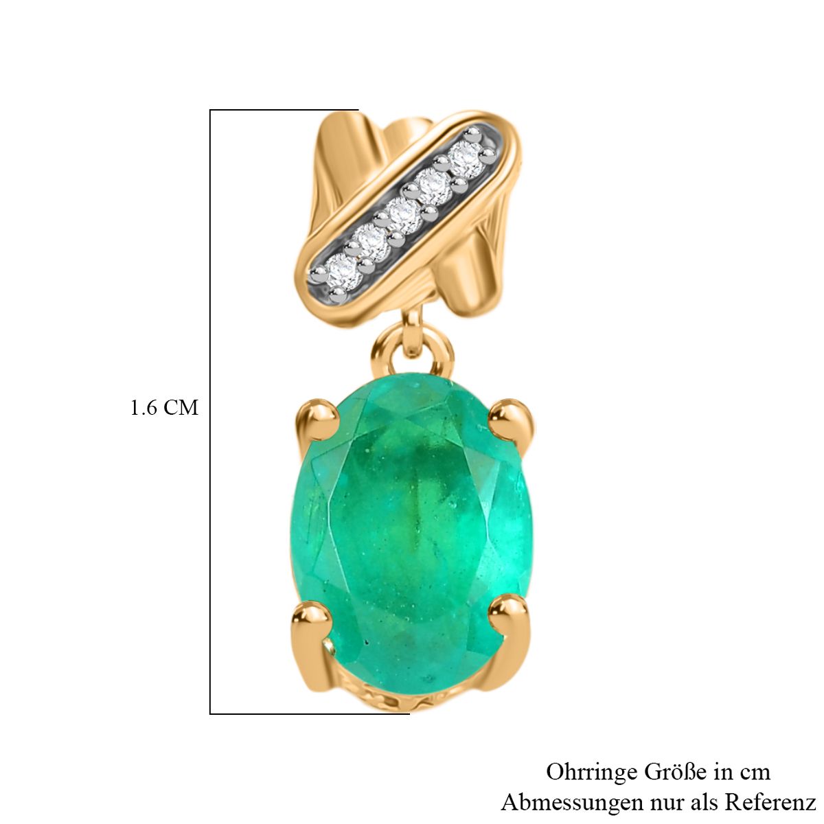 D'Joy Smaragd-Quarz Triplette, Weißer Zirkon Ohrringe 925 Silber 750 Gelb Vergoldet ca. 2.89 ct