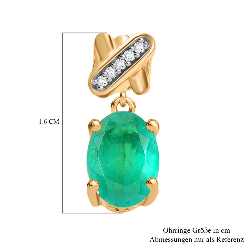 D'Joy Smaragd-Quarz Triplette, Weißer Zirkon Ohrringe 925 Silber 750 Gelb Vergoldet ca. 2.89 ct
