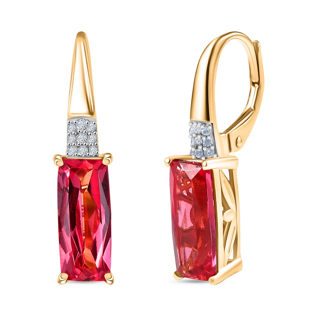 D'joy Lab Grown Padparadscha-Saphir, Weißer Zirkon Ohrringe 925 Silber 750 Gelbgold Vermeil ca. 5.43 ct