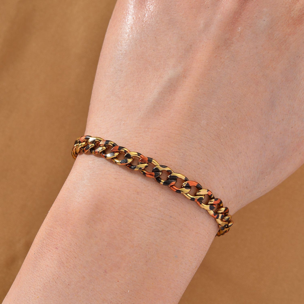 Leoparden-Print Panzer Armband aus 316L Edelstahl mit Goldplattierung, ca. 19 cm + 3.5 cm Extender