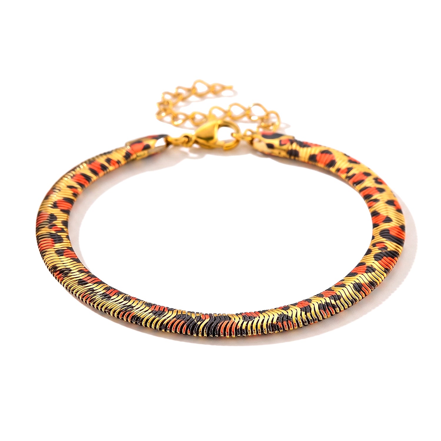 Leoparden-Print Fischgräten Armband aus 316L Edelstahl mit Goldplattierung, ca. 19 cm +3.5 cm Extender
