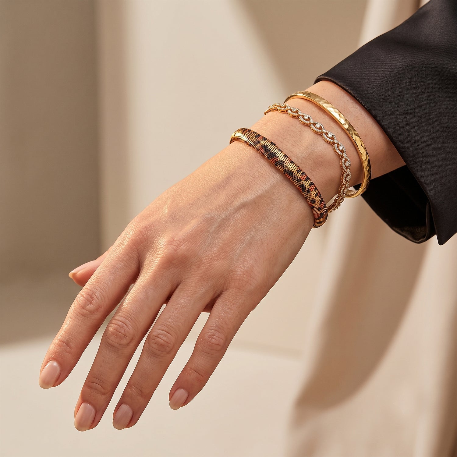 Leoparden-Print Fischgräten Armband aus 316L Edelstahl mit Goldplattierung, ca. 19 cm +3.5 cm Extender
