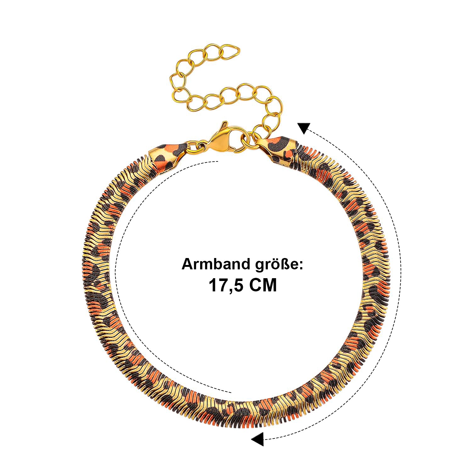 Leoparden-Print Fischgräten Armband aus 316L Edelstahl mit Goldplattierung, ca. 19 cm +3.5 cm Extender
