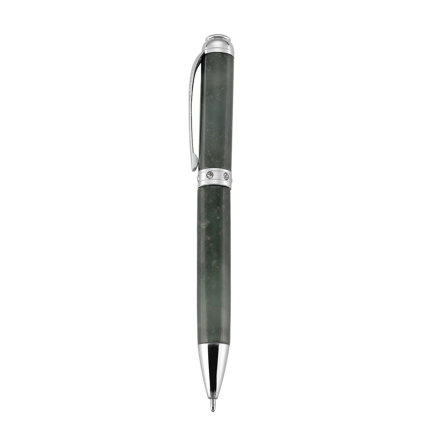 Olmek Jadeit Kugelschreiber mit Weißem Kristall und Messingdetails, 13 cm, Dunkelgrün