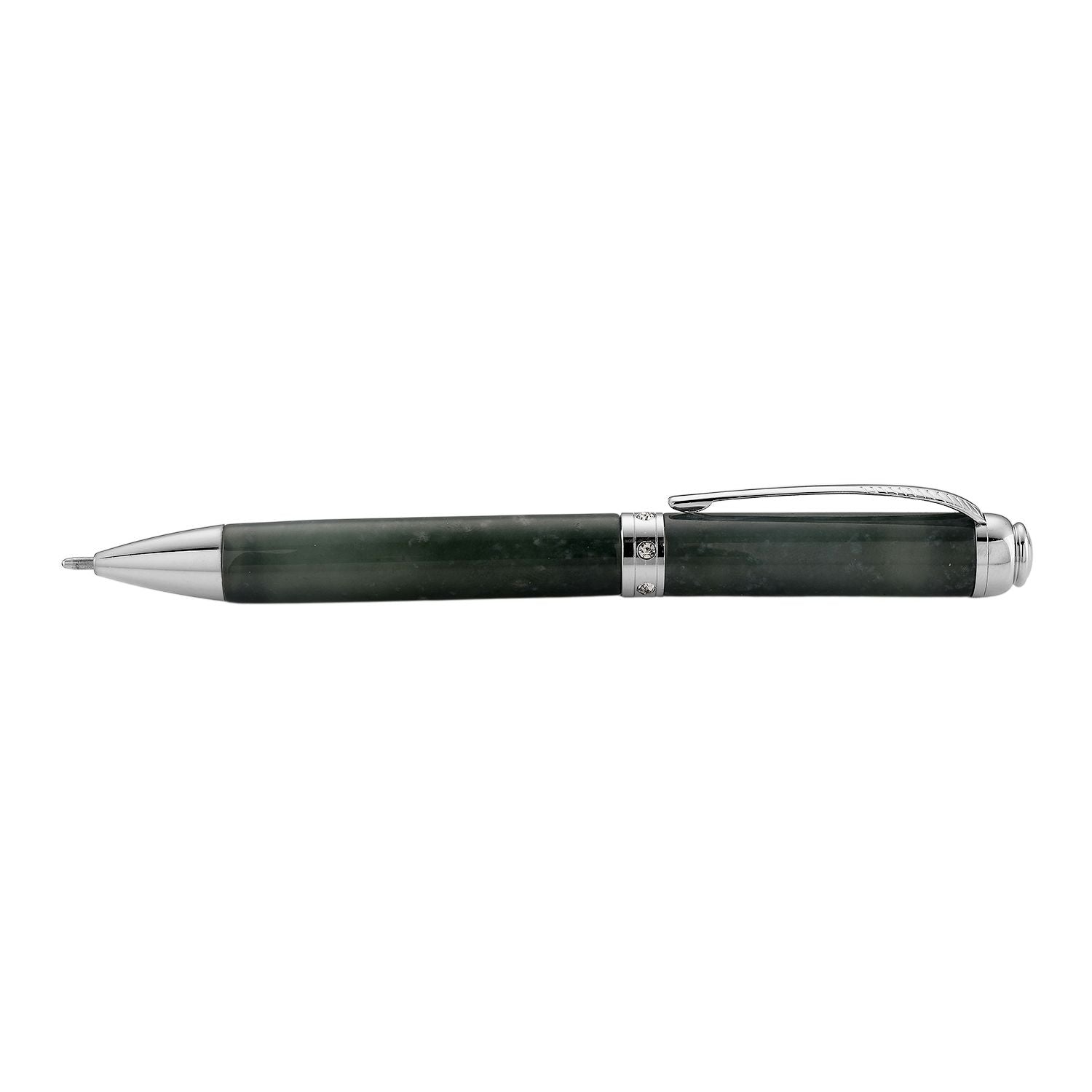 Olmek Jadeit Kugelschreiber mit Weißem Kristall und Messingdetails, 13 cm, Dunkelgrün
