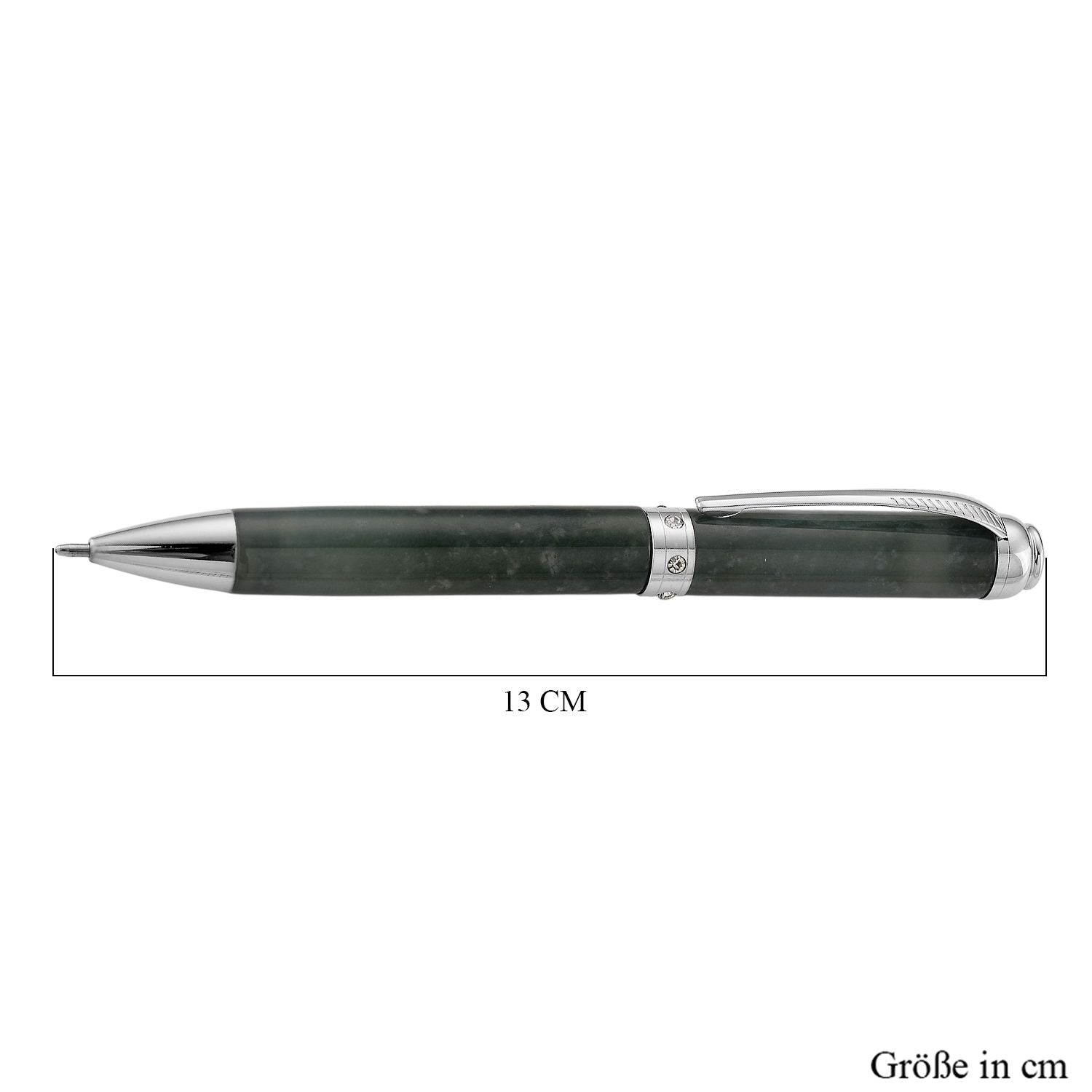 Olmek Jadeit Kugelschreiber mit Weißem Kristall und Messingdetails, 13 cm, Dunkelgrün