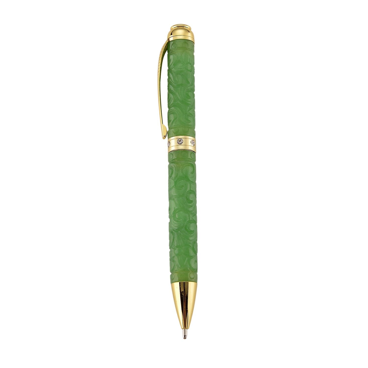 Olmek Jadeit Kugelschreiber mit Weißem Kristall und Messingdetails, 13 cm, Hellgrün