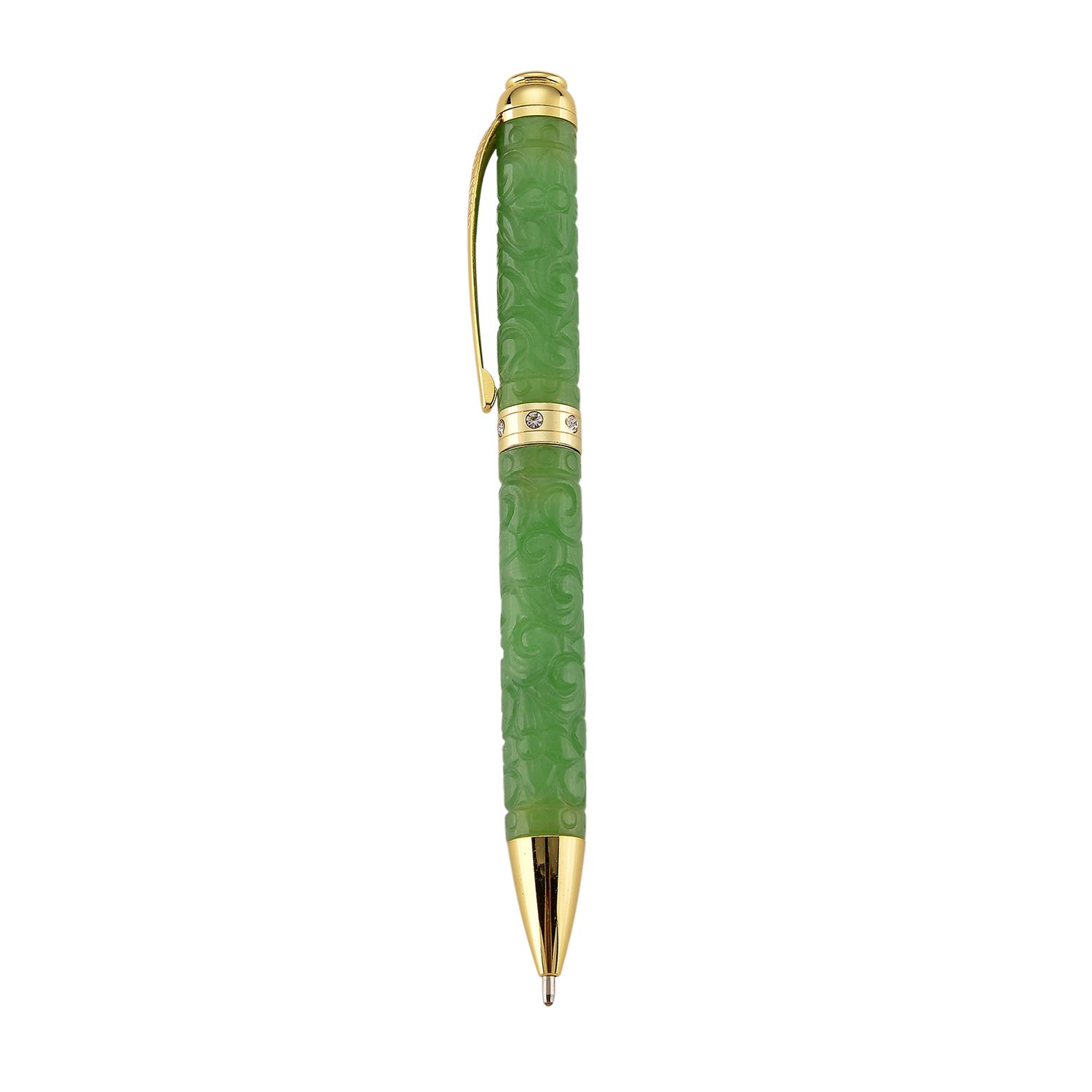 Olmek Jadeit Kugelschreiber mit Weißem Kristall und Messingdetails, 13 cm, Hellgrün