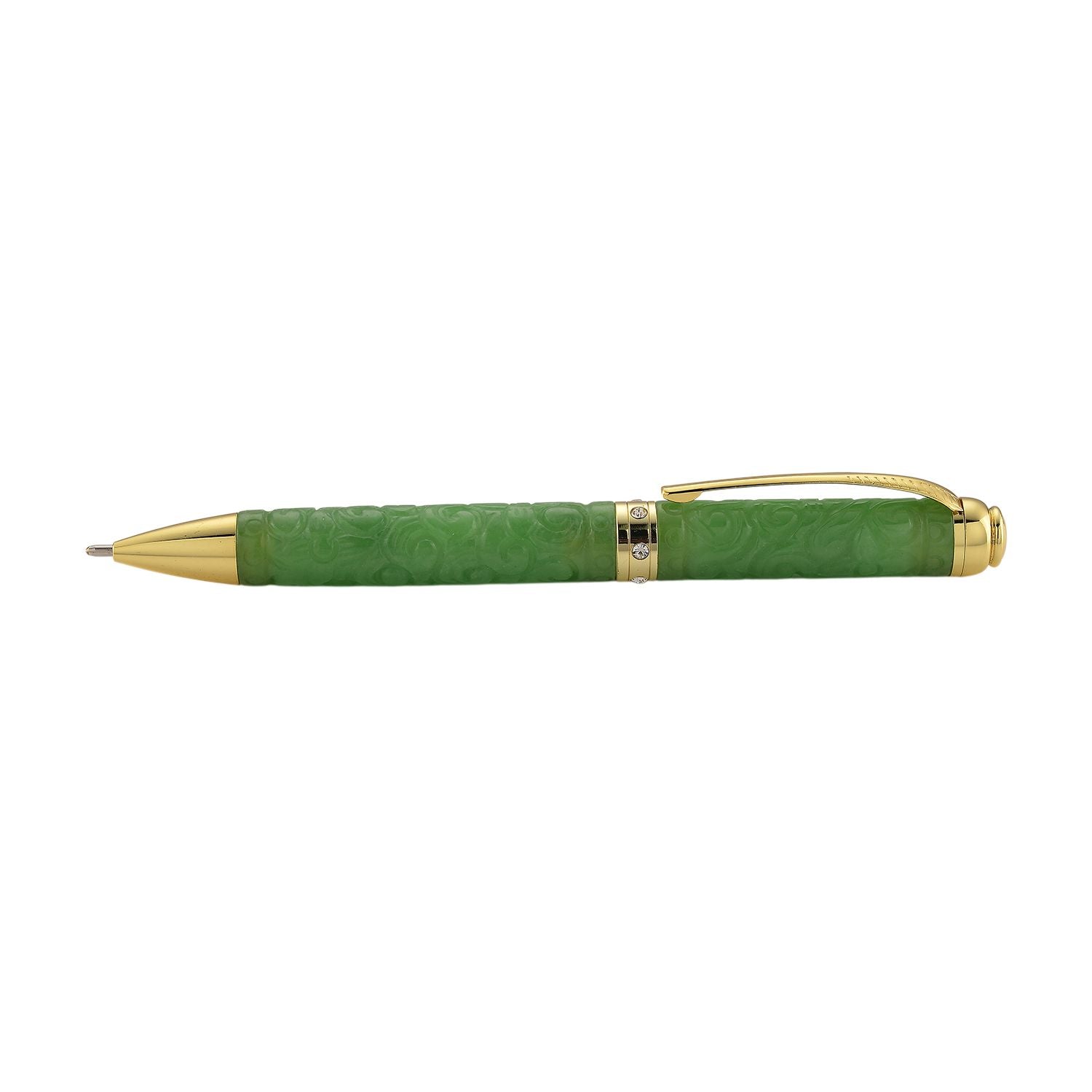 Olmek Jadeit Kugelschreiber mit Weißem Kristall und Messingdetails, 13 cm, Hellgrün