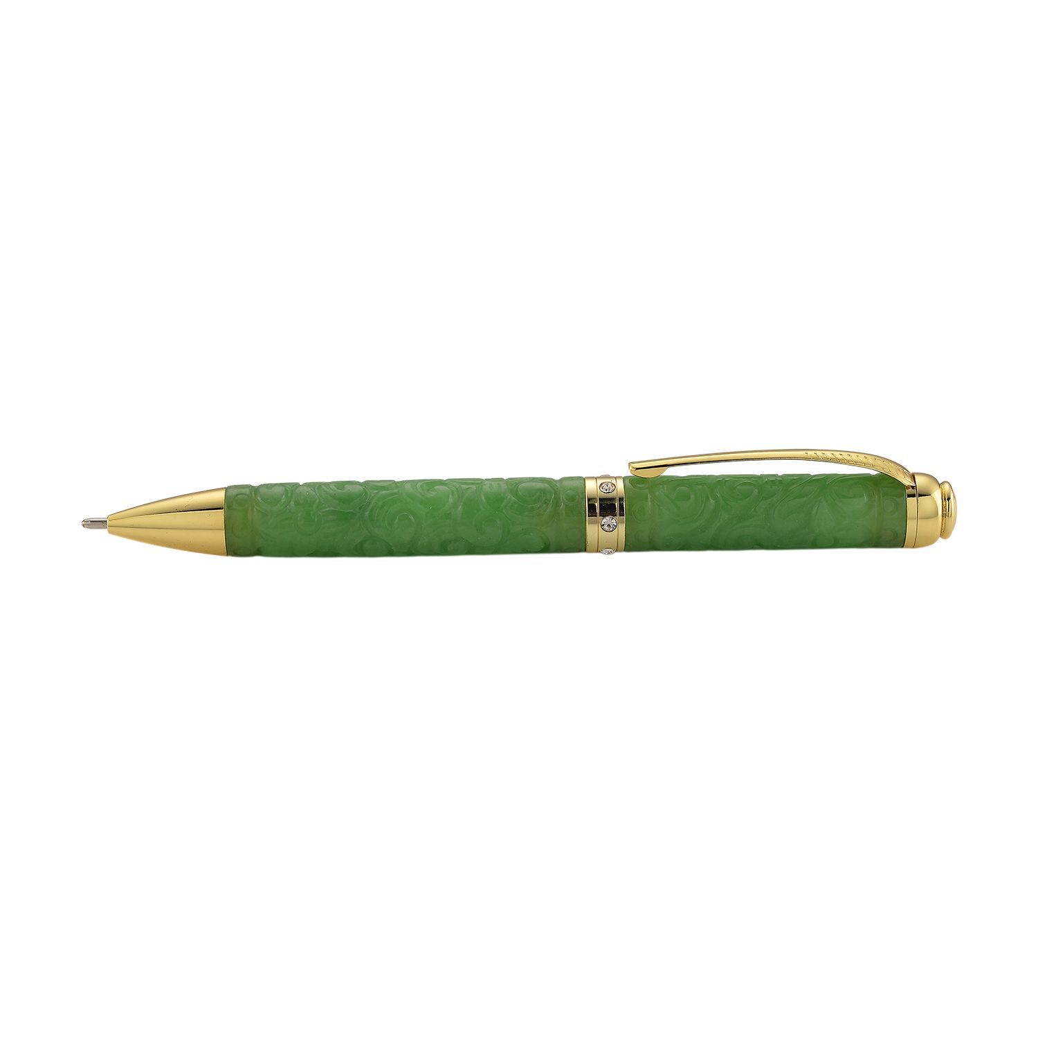 Olmek Jadeit Kugelschreiber mit Weißem Kristall und Messingdetails, 13 cm, Hellgrün