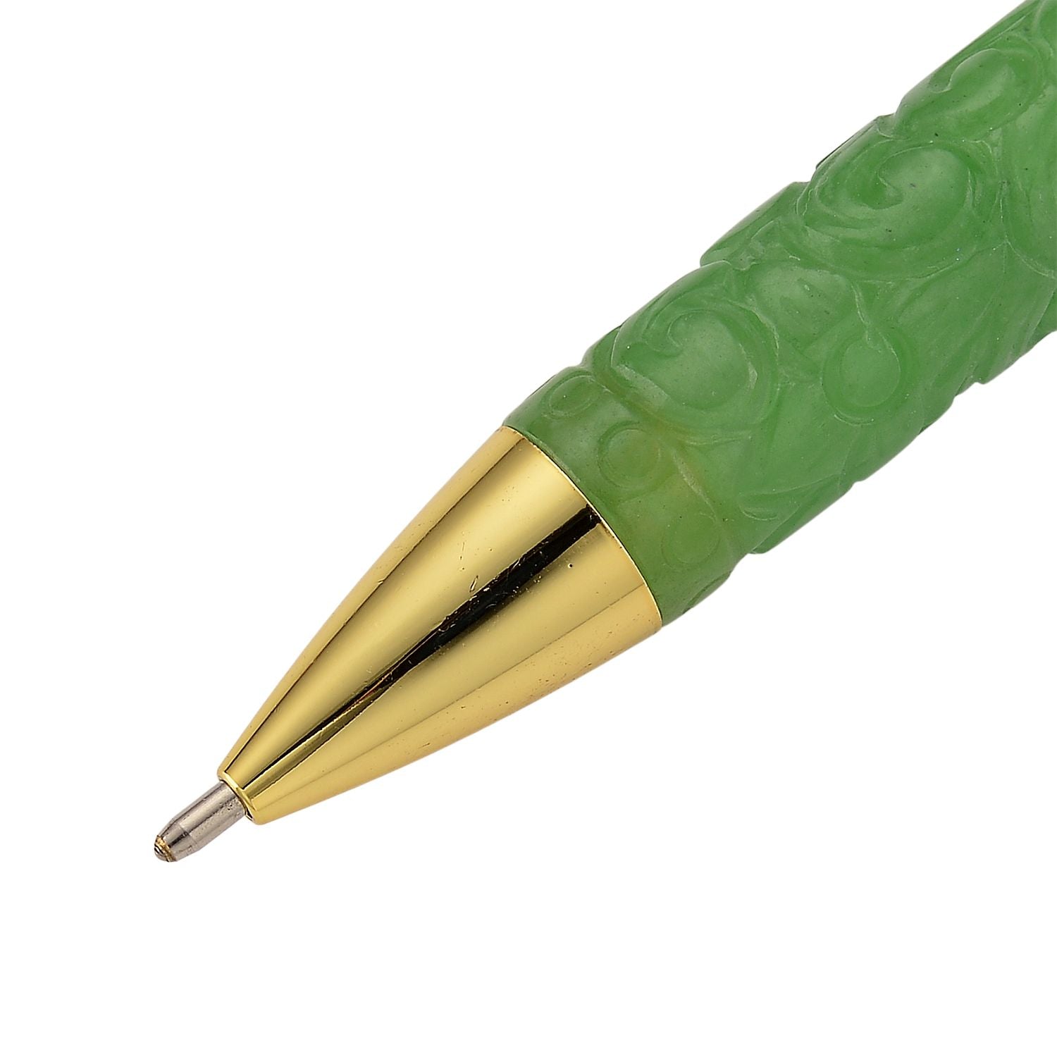 Olmek Jadeit Kugelschreiber mit Weißem Kristall und Messingdetails, 13 cm, Hellgrün