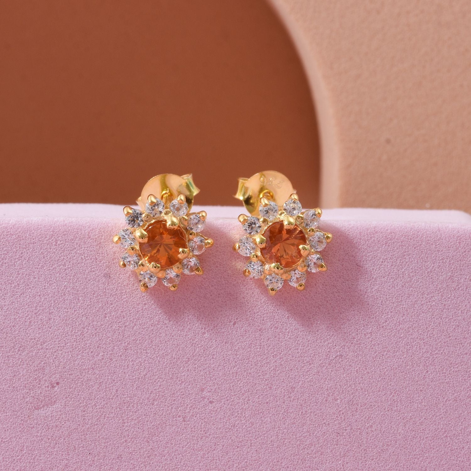D'Joy AA Orange Saphir, Weißer Zirkon Ohrringe 925 Silber vergoldet ca. 1,30 ct.