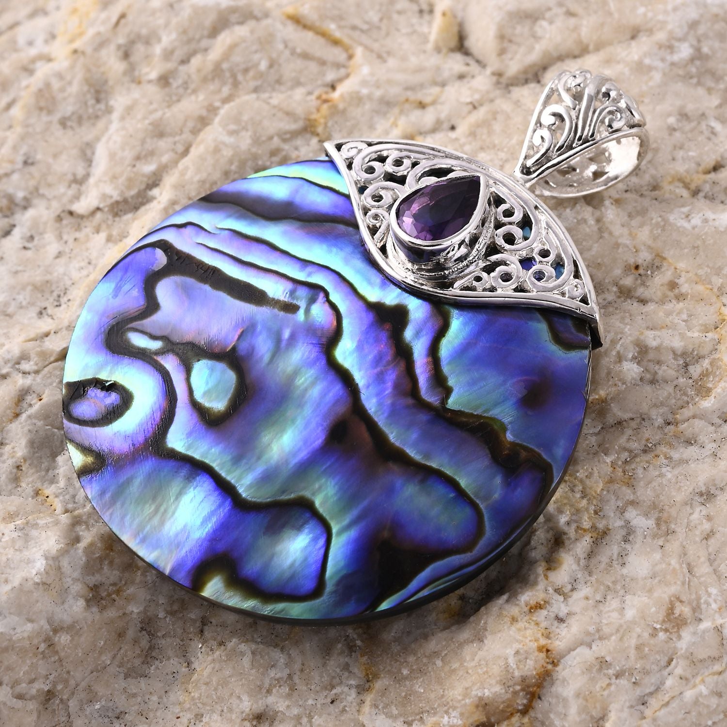 Royal Bali - Abalone Muschel,Afrikanischer Amethyst Anhänger 925 Silber ca. 0.61 ct
