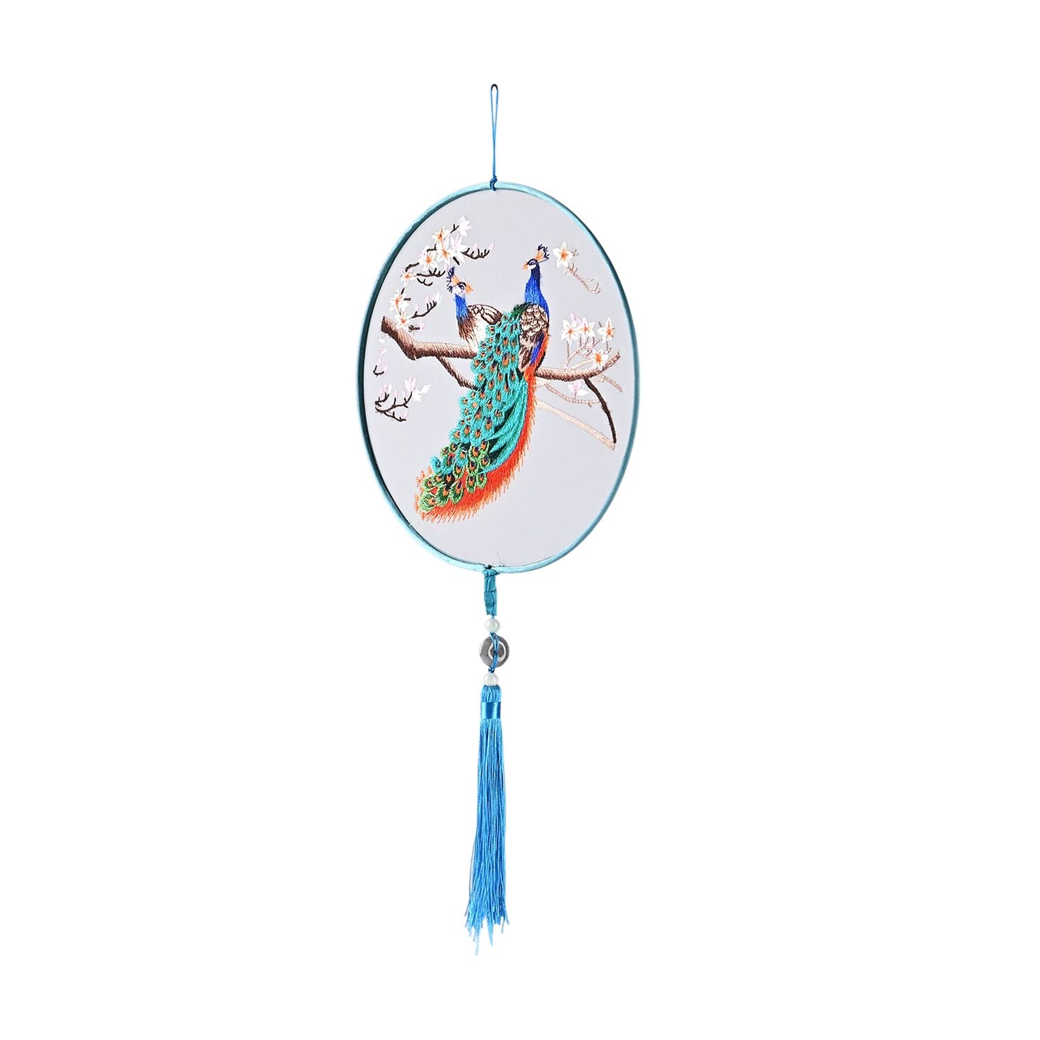 LIVMORE - Handstickerei-Wanddekoration aus 100% Seide mit Jade-Quaste, 20 cm, Pfau-Motiv