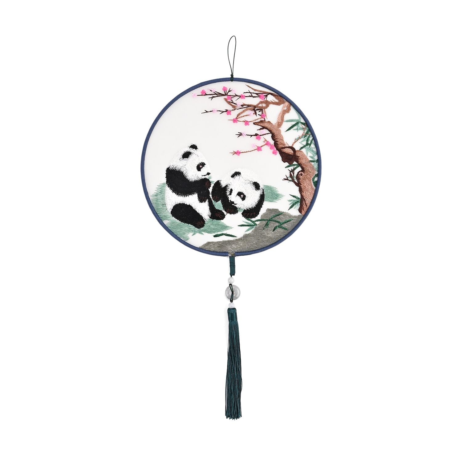 LIVMORE - Handstickerei-Wanddekoration aus 100% Seide mit Jade-Quaste, 20 cm, Panda-Motiv