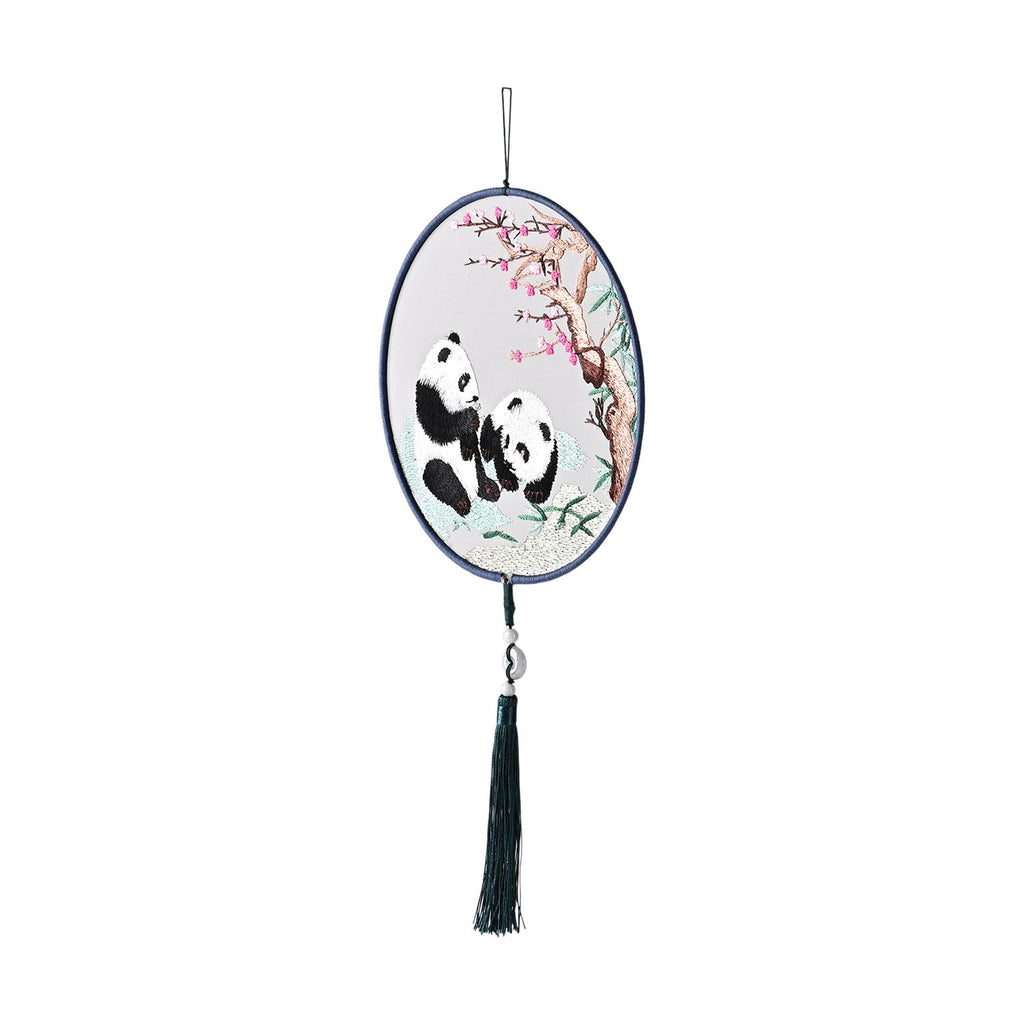 LIVMORE - Handstickerei-Wanddekoration aus 100% Seide mit Jade-Quaste, 20 cm, Panda-Motiv