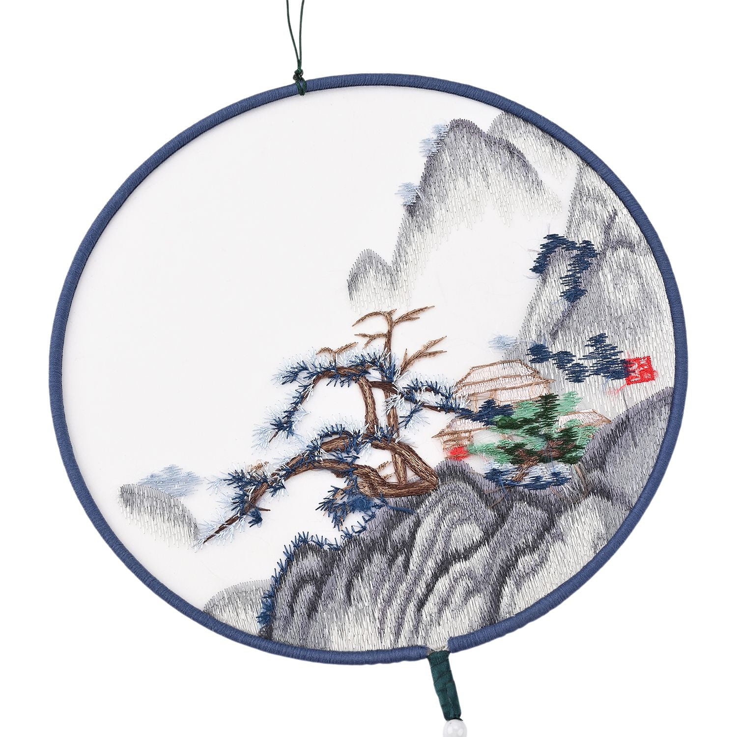 LIVMORE - Handstickerei-Wanddekoration aus 100% Seide mit Jade-Quaste, 20 cm, Berglandschaft-Motiv