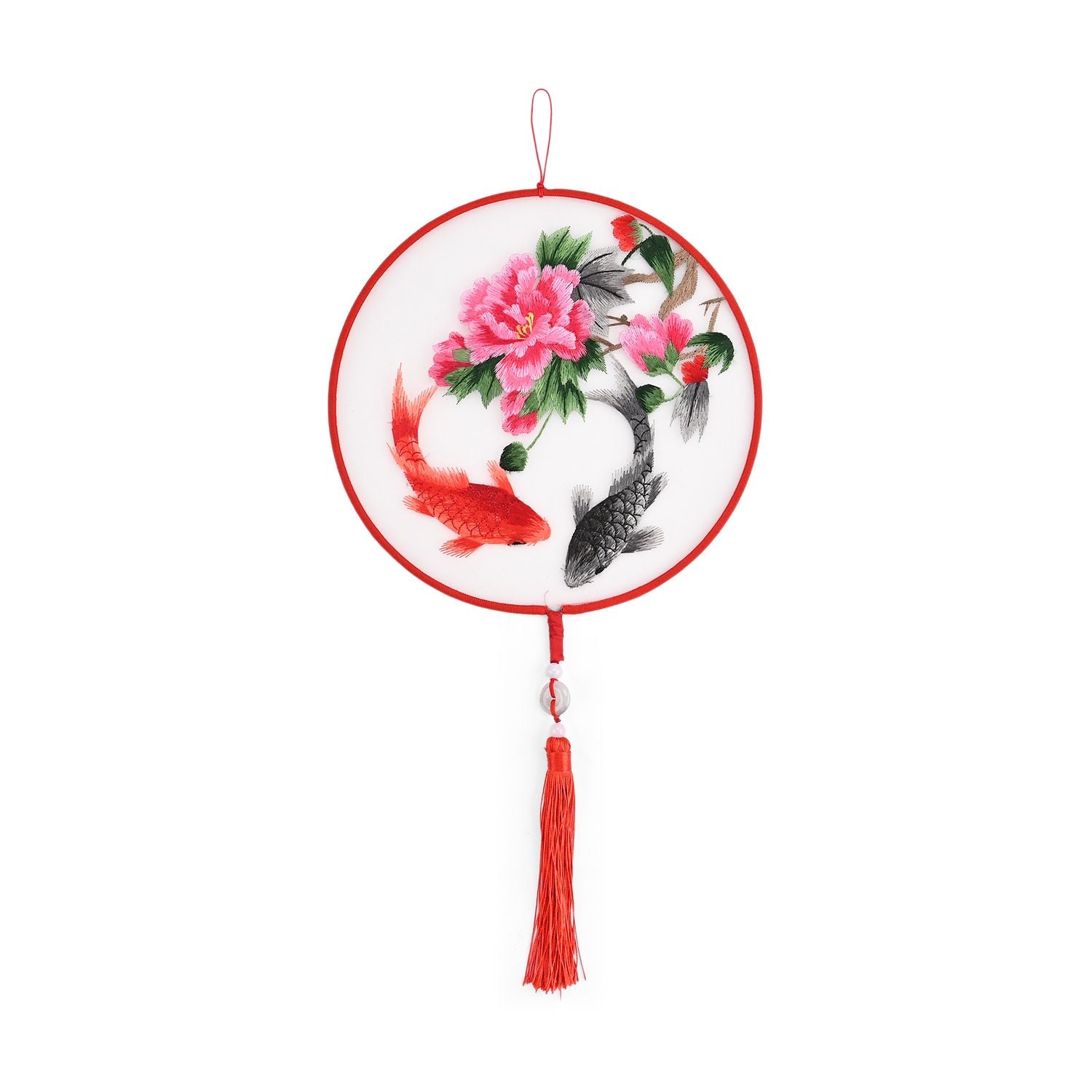 LIVMORE - Handstickerei-Wanddekoration aus 100% Seide mit Jade-Quaste, 20 cm, Koi- und Pfingstrosen-Motiv