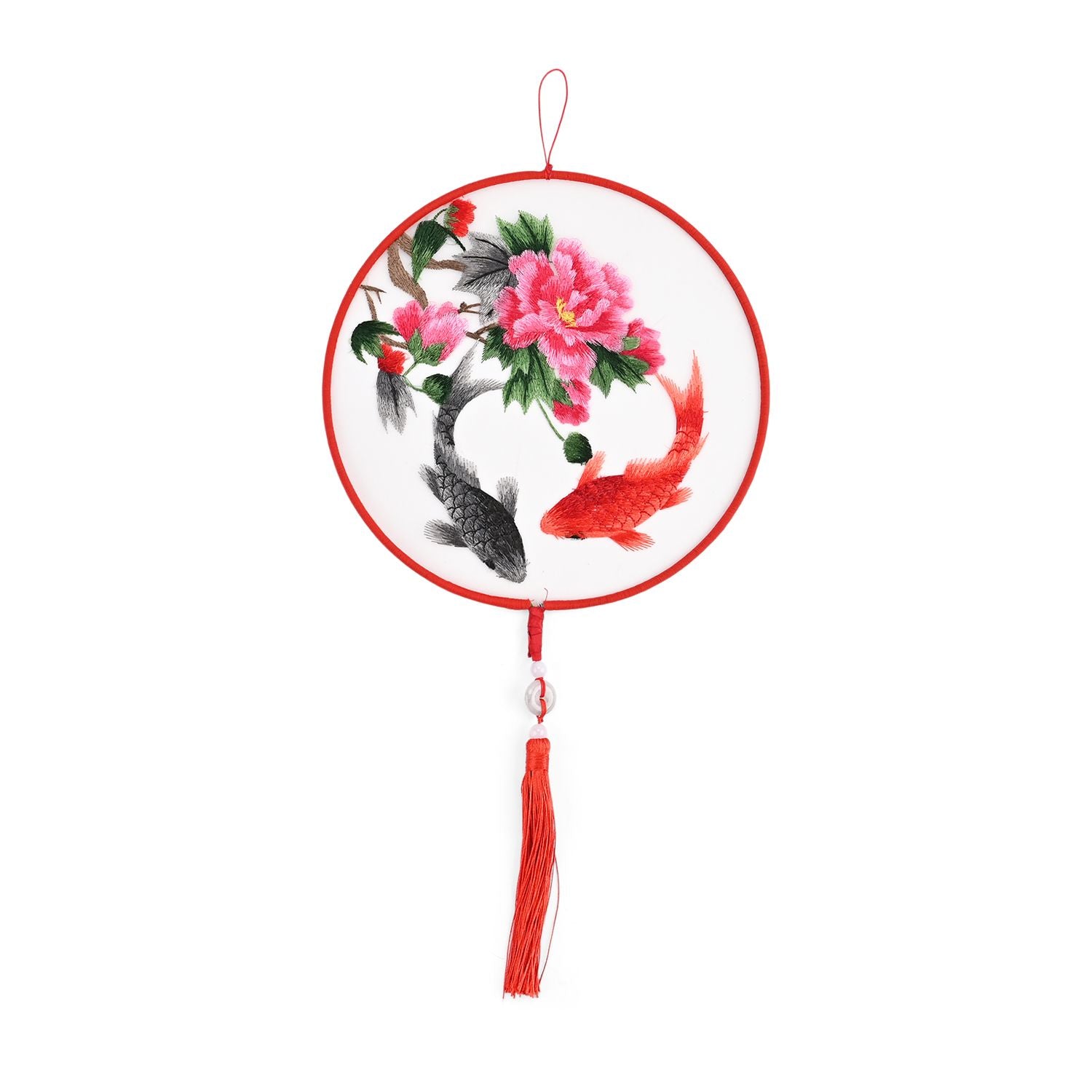 LIVMORE - Handstickerei-Wanddekoration aus 100% Seide mit Jade-Quaste, 20 cm, Koi- und Pfingstrosen-Motiv