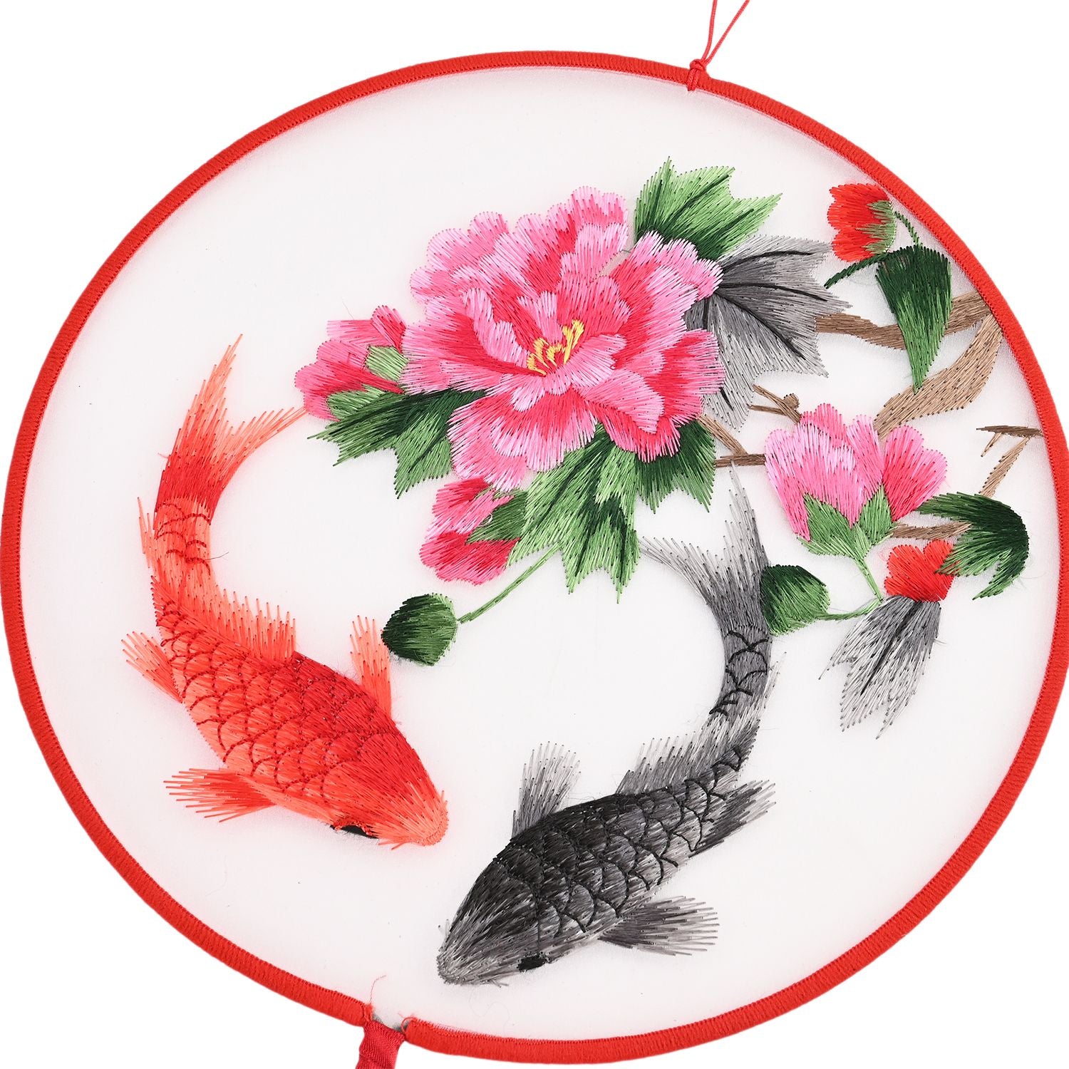 LIVMORE - Handstickerei-Wanddekoration aus 100% Seide mit Jade-Quaste, 20 cm, Koi- und Pfingstrosen-Motiv