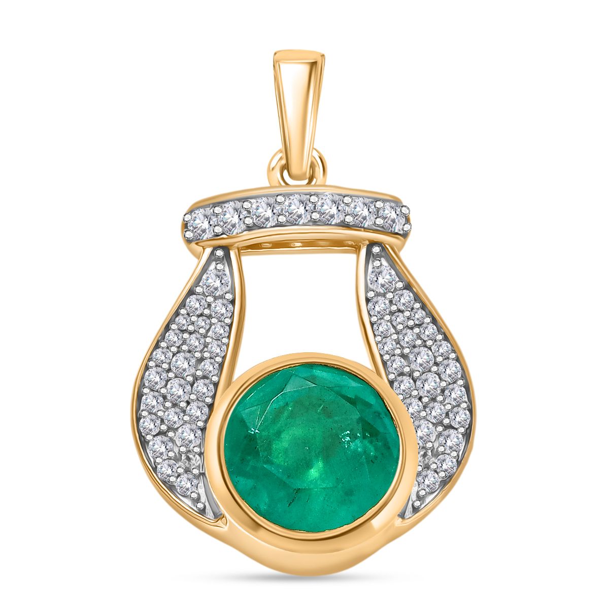 D'Joy Smaragd-Quarz Triplette, Weißer Zirkon Anhänger 925 Silber 750 Gelb Vergoldet ca. 3.95 ct