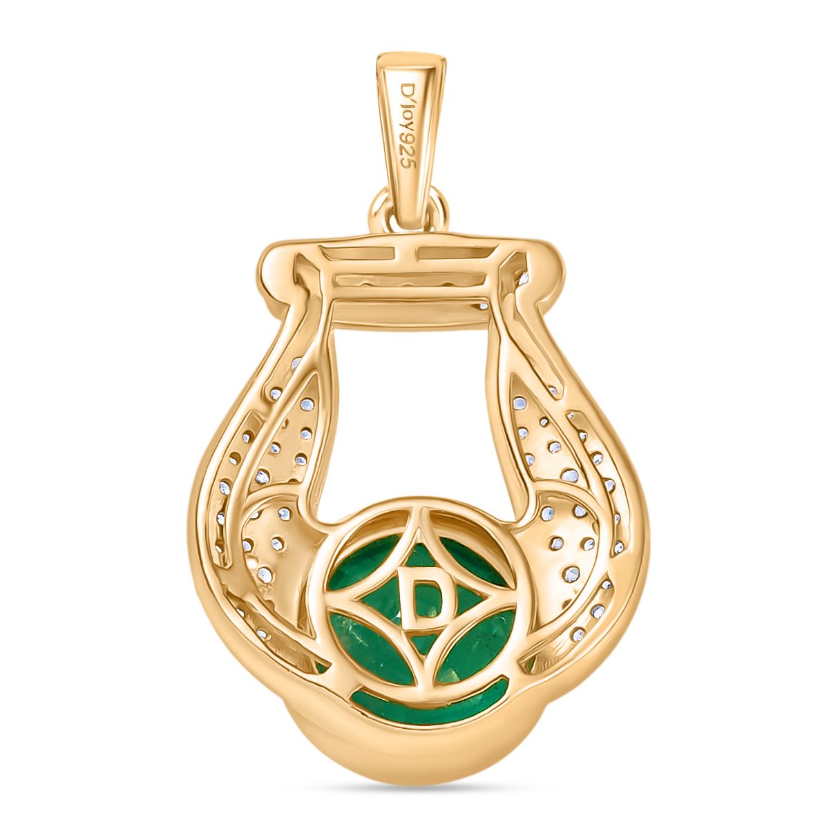 D'Joy Smaragd-Quarz Triplette, Weißer Zirkon Anhänger 925 Silber 750 Gelb Vergoldet ca. 3.95 ct
