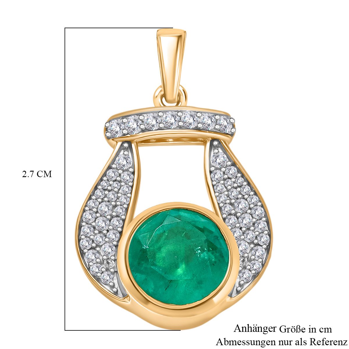 D'Joy Smaragd-Quarz Triplette, Weißer Zirkon Anhänger 925 Silber 750 Gelb Vergoldet ca. 3.95 ct