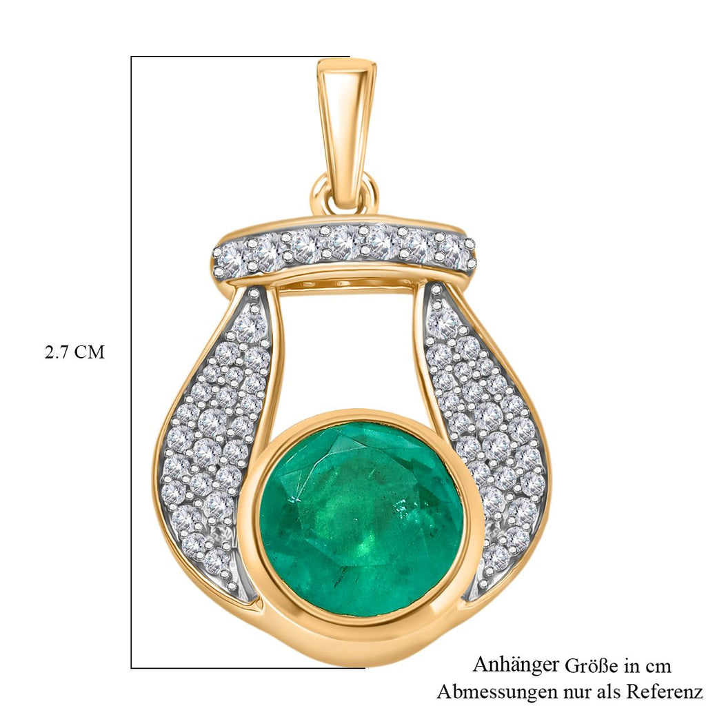 D'Joy Smaragd-Quarz Triplette, Weißer Zirkon Anhänger 925 Silber 750 Gelb Vergoldet ca. 3.95 ct