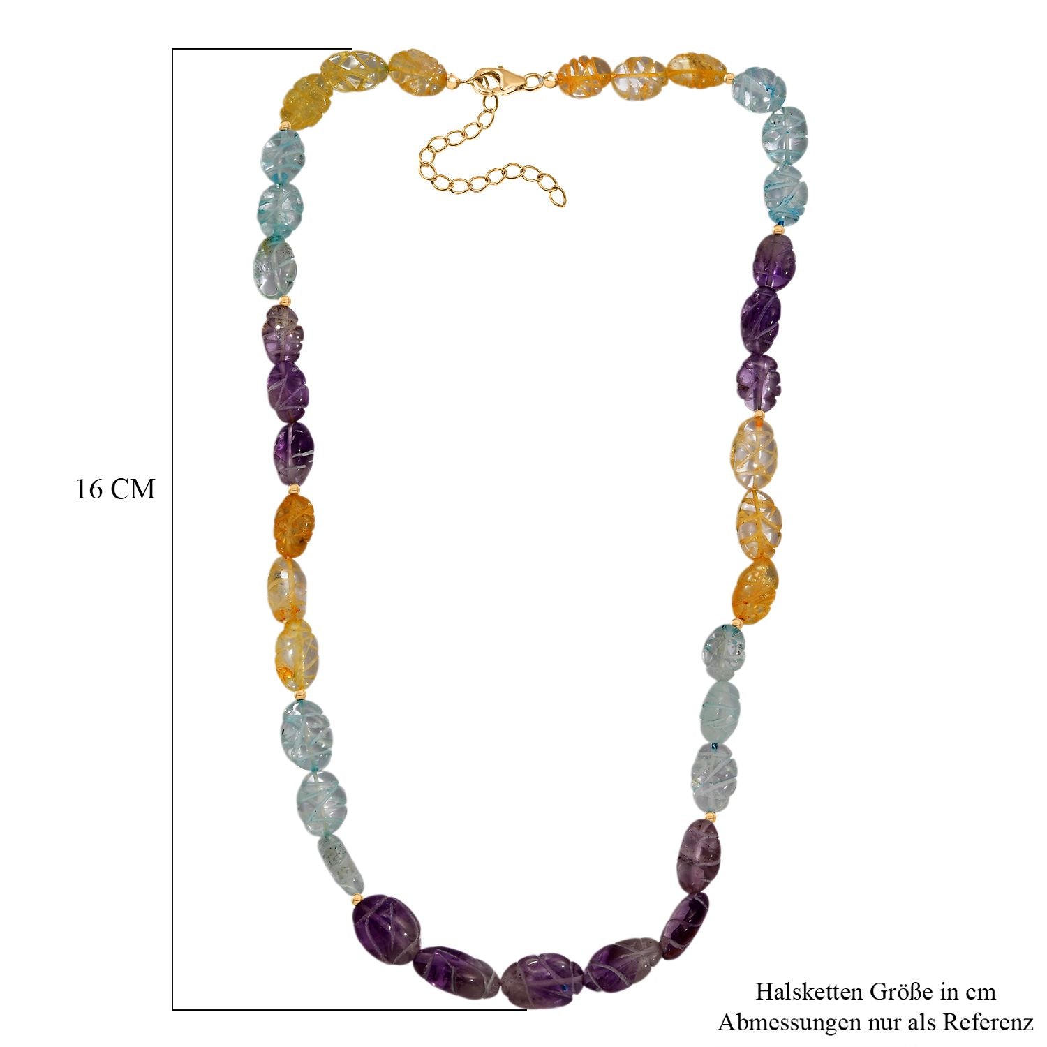 Aquamarin, Afrikanischer Amethyst, Citrin Halskette ca. 45 cm mit 5 cm extender, 925 Silber 750 Gelbgold Vermeil ca. 130.00 ct