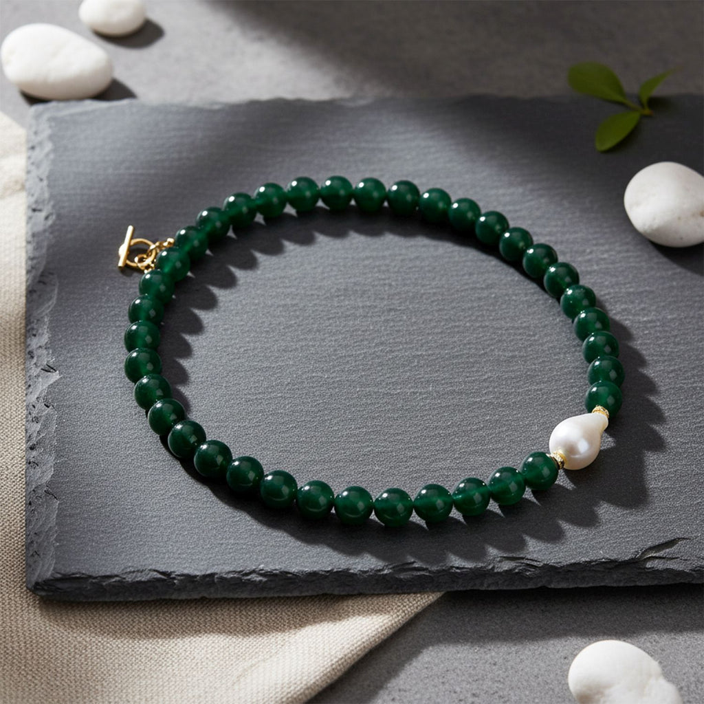 Verde Onyx, Weiße Muschelkernperle, Weißer Zirkonia Halskette ca. 50 cm Reiner Edelstahl Standard gelb vergoldet