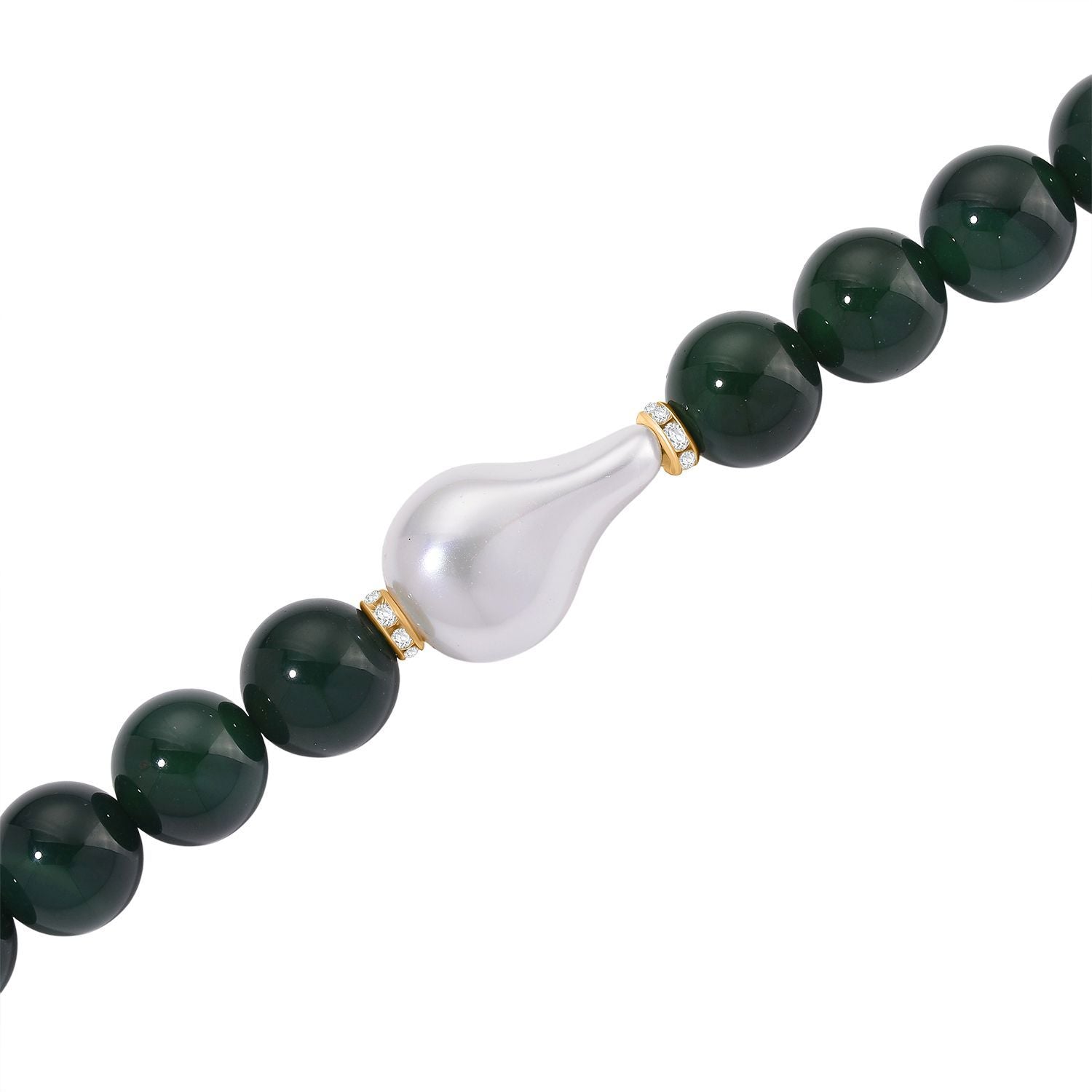 Verde Onyx, Weiße Muschelkernperle, Weißer Zirkonia Halskette ca. 50 cm Reiner Edelstahl Standard gelb vergoldet