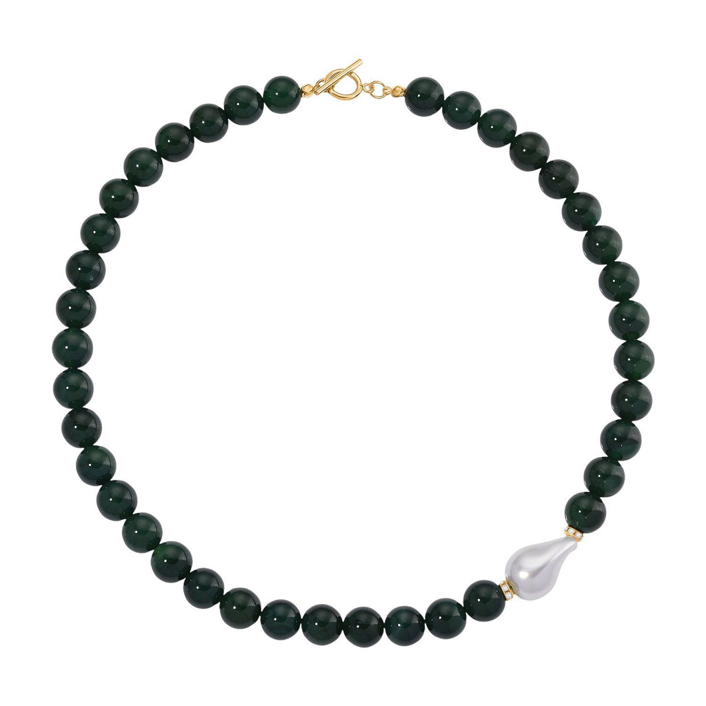 Verde Onyx, Weiße Muschelkernperle, Weißer Zirkonia Halskette ca. 50 cm Reiner Edelstahl Standard gelb vergoldet