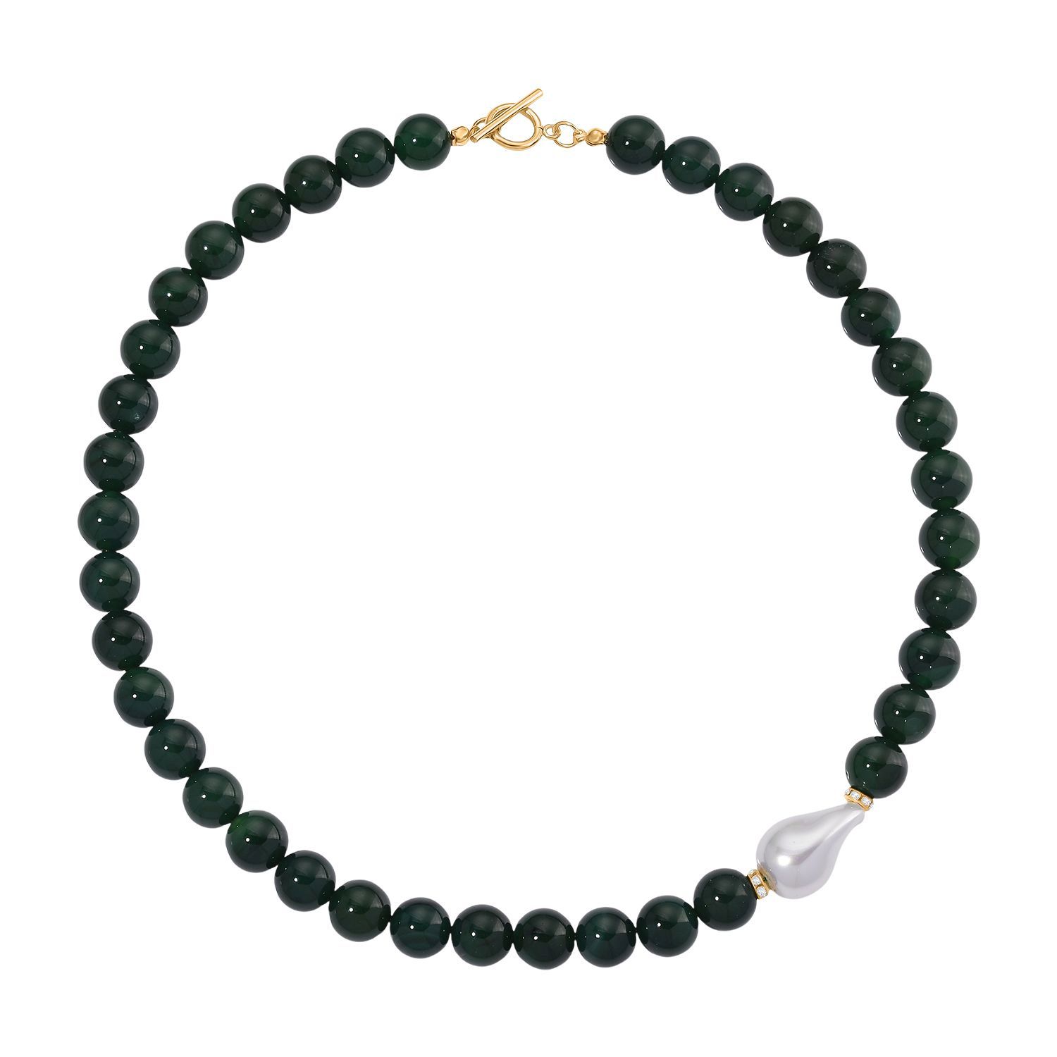 Verde Onyx, Weiße Muschelkernperle, Weißer Zirkonia Halskette ca. 50 cm Reiner Edelstahl Standard gelb vergoldet